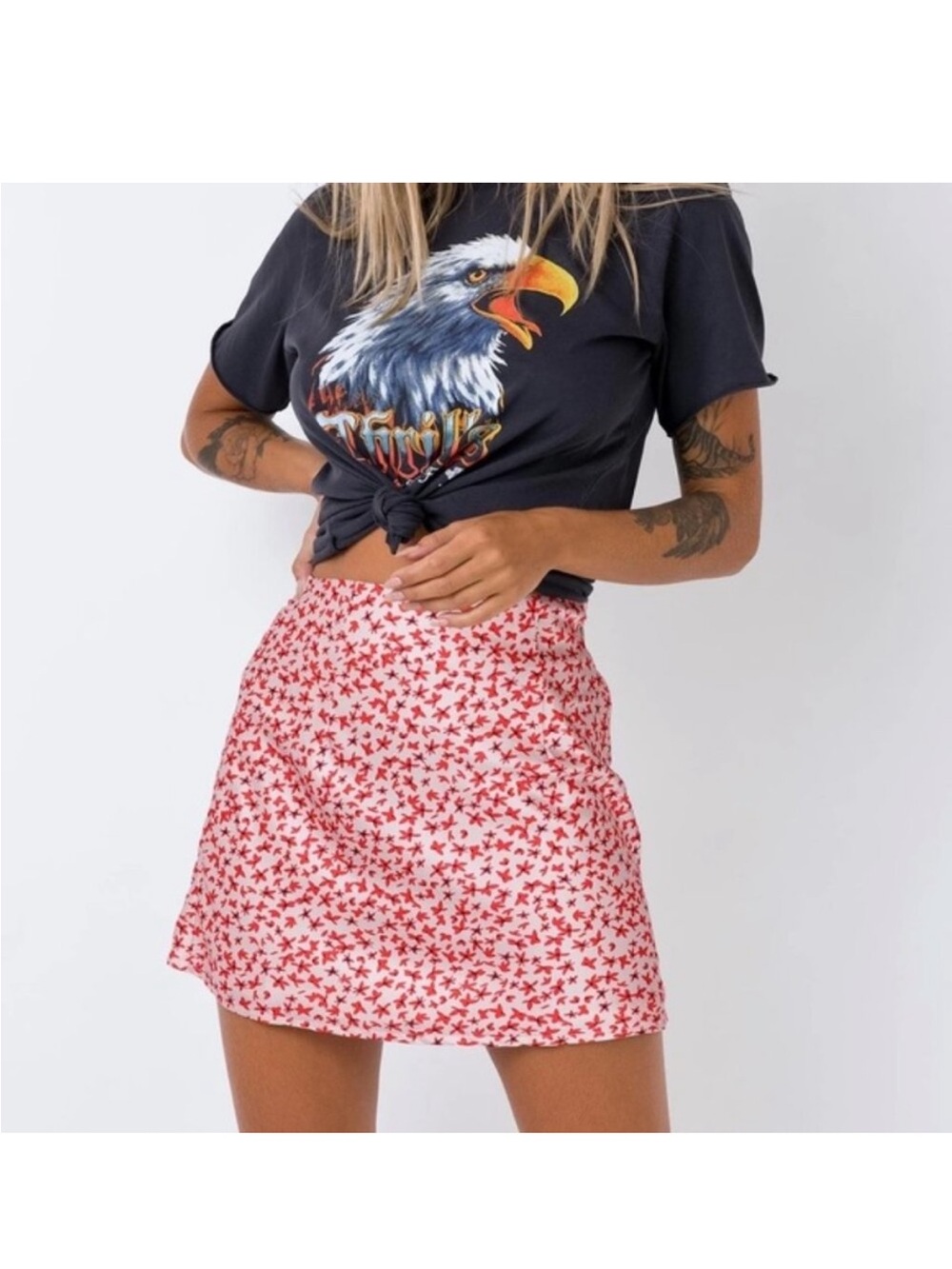 Princess Polly Pink Silk A-Line Mini Skirt with Red Floral Print
